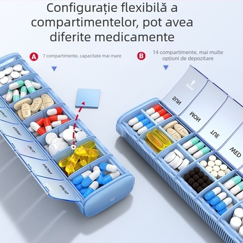 Cutie pentru medicamente din aliaj de aluminiu, model PB, construcție metalică, 14 compartimente, greutate 406 g, design portabil