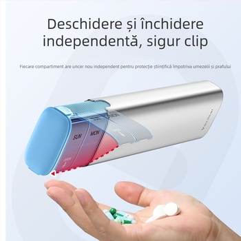 Cutie pentru medicamente din aliaj de aluminiu, model PB, construcție metalică, 14 compartimente, greutate 406 g, design portabil