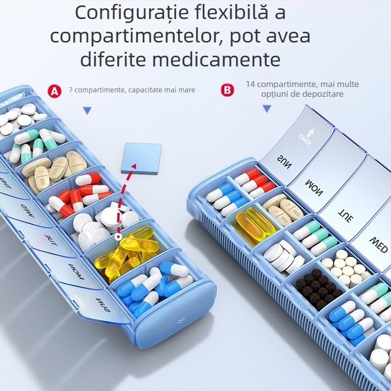 Cutie pentru medicamente din aliaj de aluminiu, model PB, construcție metalică, 14 compartimente, greutate 406 g, design portabil
