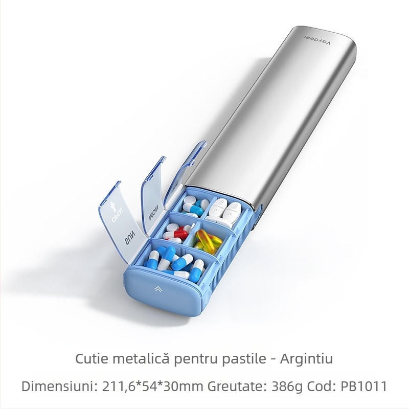 Cutie pentru medicamente din aliaj de aluminiu, model PB, construcție metalică, 14 compartimente, greutate 406 g, design portabil