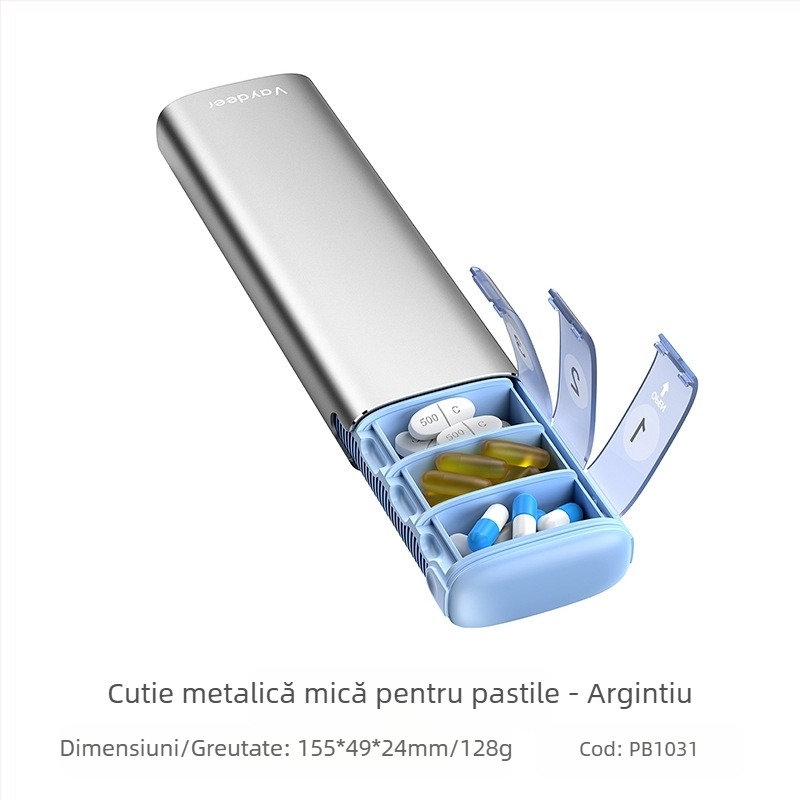 Cutie pentru medicamente din aliaj de aluminiu, model PB, construcție metalică, 14 compartimente, greutate 406 g, design portabil