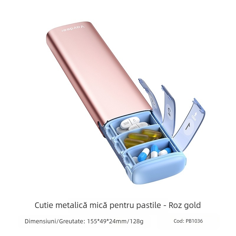 Cutie pentru medicamente din aliaj de aluminiu, model PB, construcție metalică, 14 compartimente, greutate 406 g, design portabil