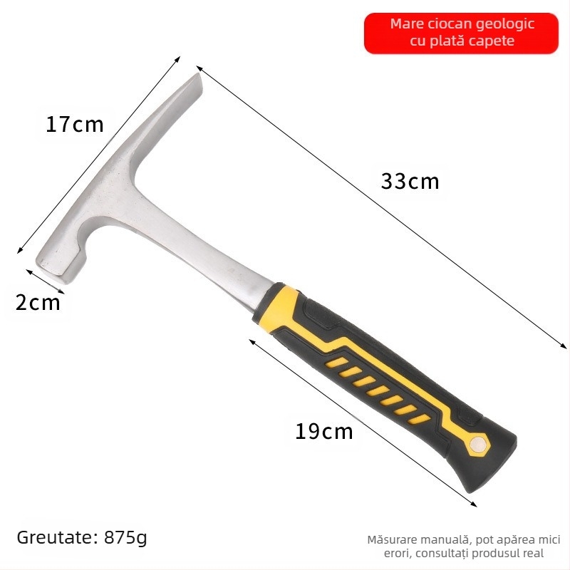 Ciocan geologic cu vârf ascuțit și față plată, cap din oțel mangan, mâner din oțel, 1 kg