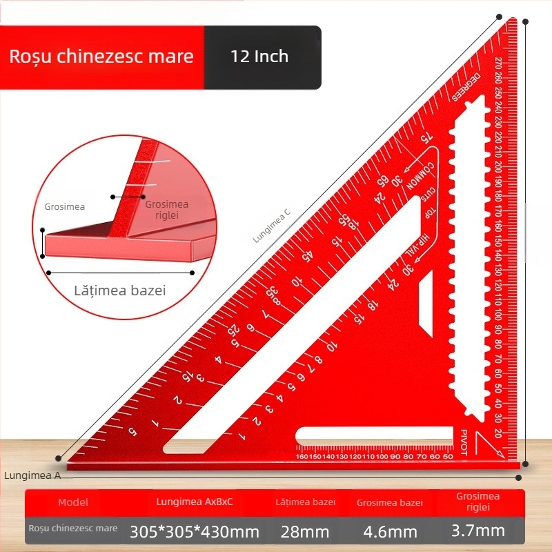 Rigla triunghiulară din aliaj de aluminiu pentru tâmplărie, scări engleză/metră, unghi de 90°, precizie înaltă