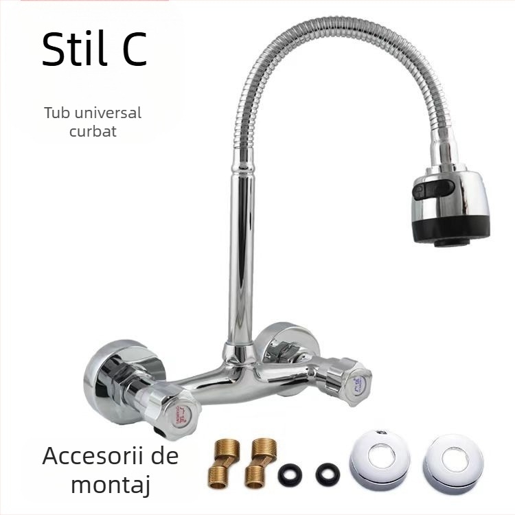 Robinet de bucătărie din cupru, încastrat în perete, apă caldă și rece, supapă cu disc ceramic, control dual, 2–90°C