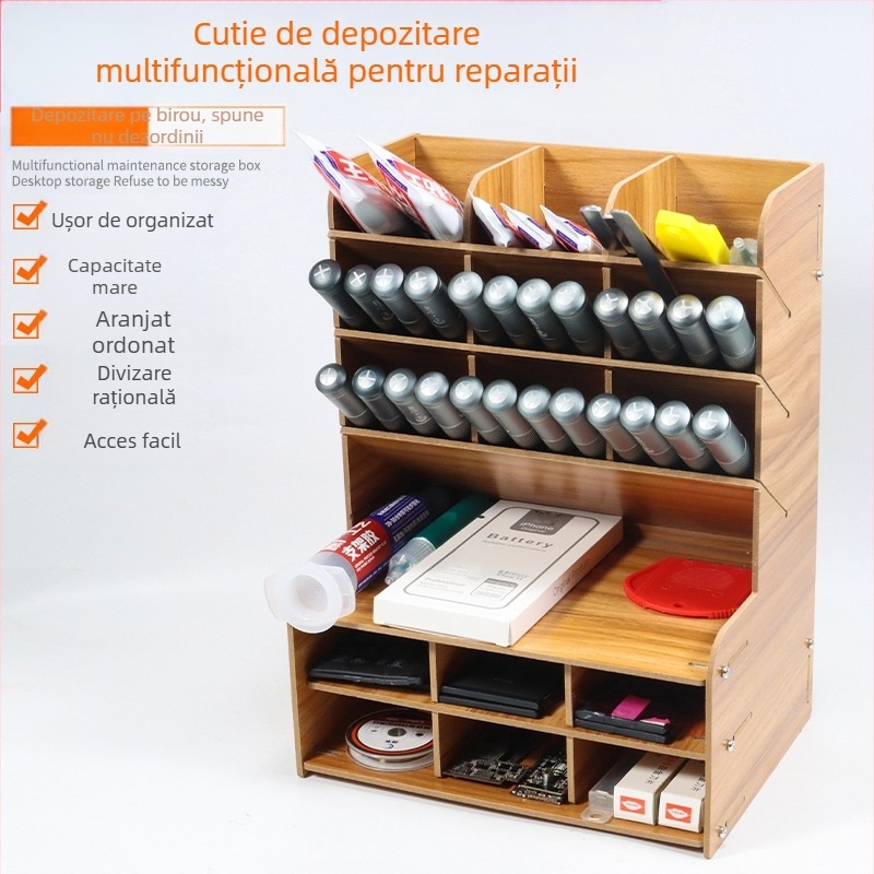 Raft din lemn pentru depozitare șurubelnițe, organizator multifuncțional pentru unelte de reparații telefoane mobile și banc de lucru