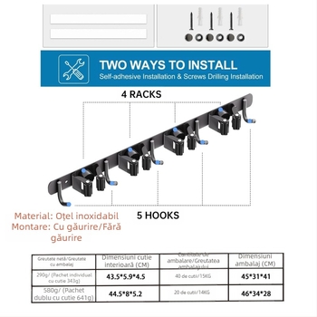 Raft pentru mop din oțel inoxidabil, montaj pe perete fără găuri, clip mop și cârlig, finisaj lustruit, greutate 420