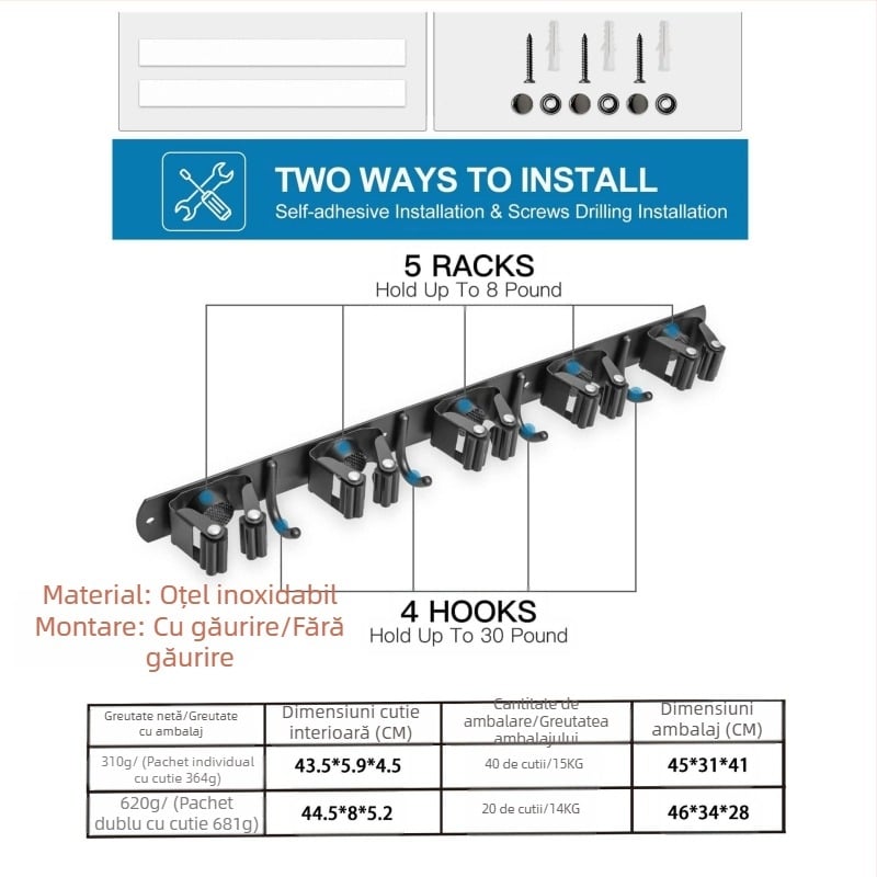 Raft pentru mop din oțel inoxidabil, montaj pe perete fără găuri, clip mop și cârlig, finisaj lustruit, greutate 420
