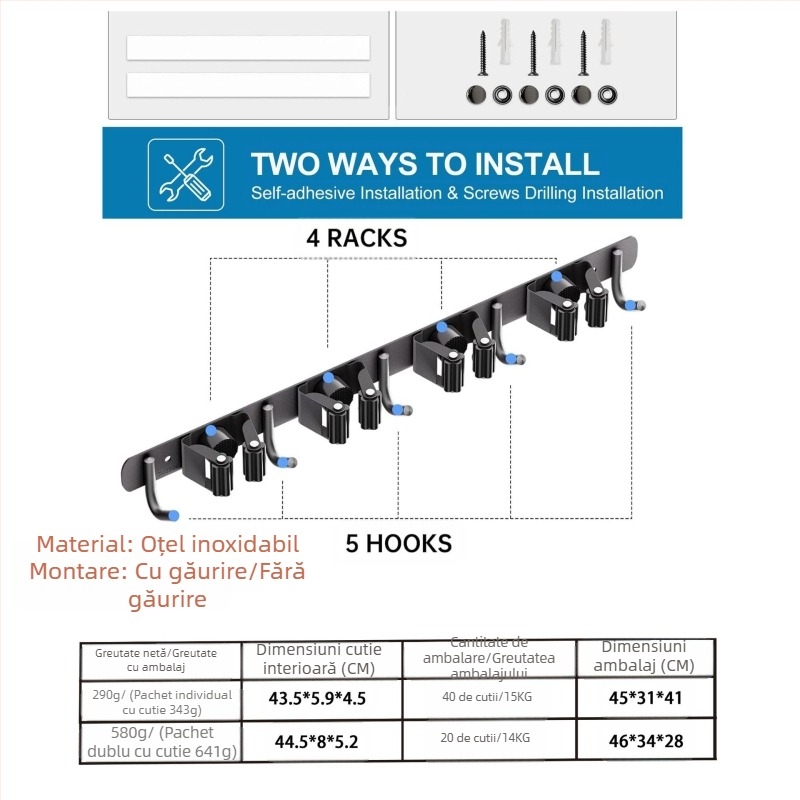 Raft pentru mop din oțel inoxidabil, montaj pe perete fără găuri, clip mop și cârlig, finisaj lustruit, greutate 420