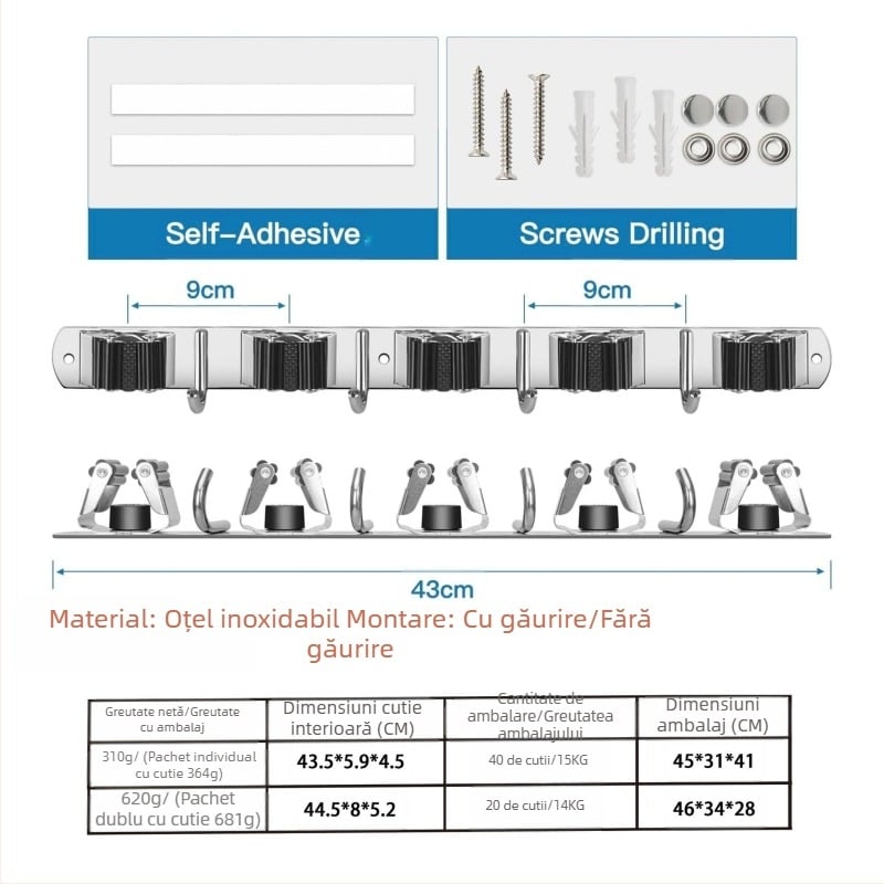 Raft pentru mop din oțel inoxidabil, montaj pe perete fără găuri, clip mop și cârlig, finisaj lustruit, greutate 420
