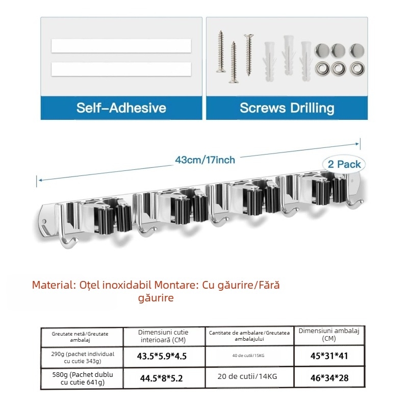 Raft pentru mop din oțel inoxidabil, montaj pe perete fără găuri, clip mop și cârlig, finisaj lustruit, greutate 420