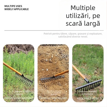 Greblă spirală de grădină din oțel mangan cu mâner din lemn, sudată și forjată manual, pentru agricultură și horticultură
