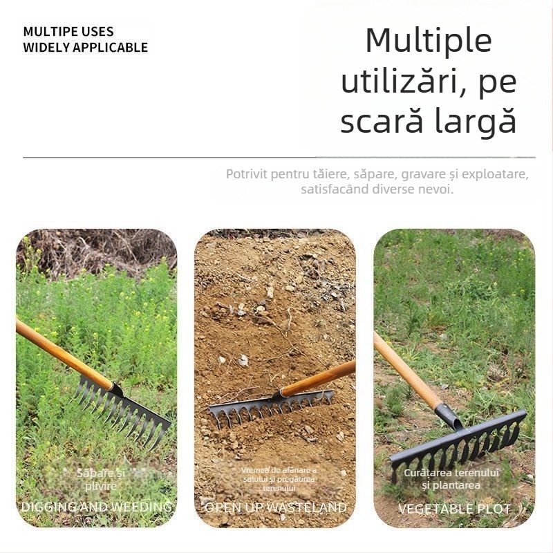 Greblă spirală de grădină din oțel mangan cu mâner din lemn, sudată și forjată manual, pentru agricultură și horticultură
