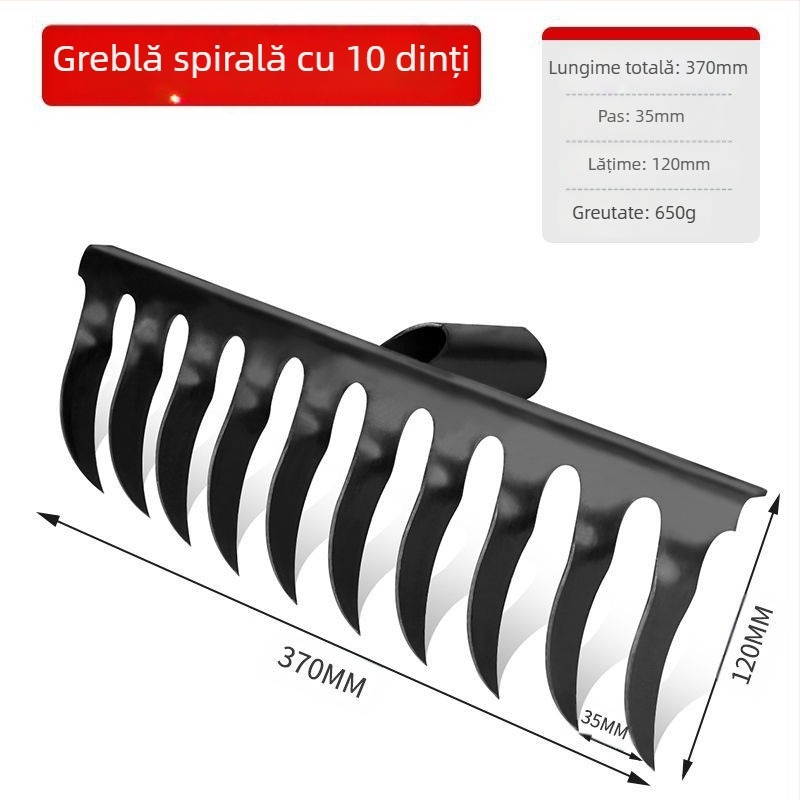 Greblă spirală de grădină din oțel mangan cu mâner din lemn, sudată și forjată manual, pentru agricultură și horticultură