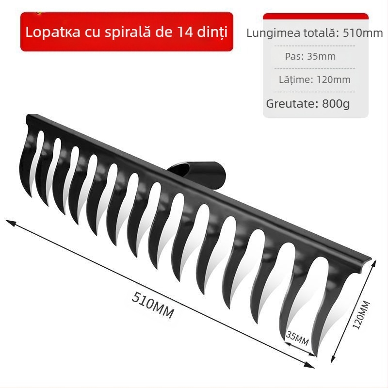 Greblă spirală de grădină din oțel mangan cu mâner din lemn, sudată și forjată manual, pentru agricultură și horticultură