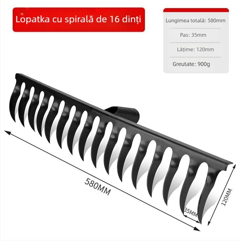 Greblă spirală de grădină din oțel mangan cu mâner din lemn, sudată și forjată manual, pentru agricultură și horticultură