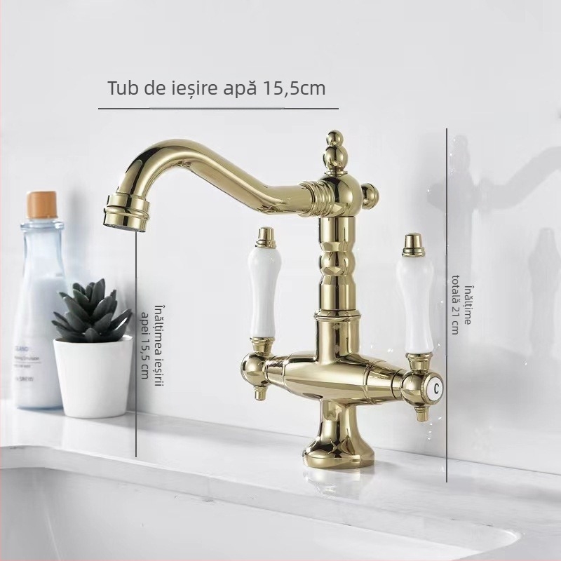 Baterie pentru chiuveta de bucătărie, design clasic dublu, corp din cupru, supapă ceramică, intrare/ieșire G1/2