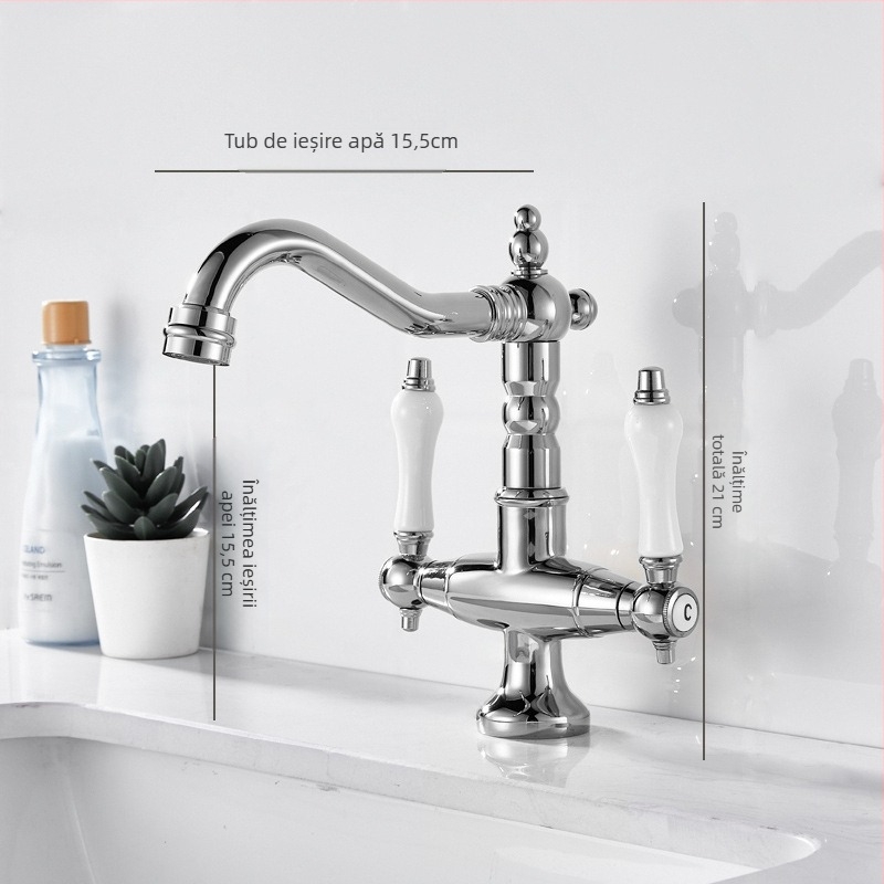 Baterie pentru chiuveta de bucătărie, design clasic dublu, corp din cupru, supapă ceramică, intrare/ieșire G1/2