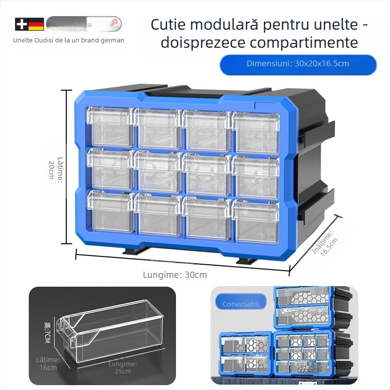 Organizator sertar pentru piese mici, PVC, pereți de 3 mm, cu capac și separatoare