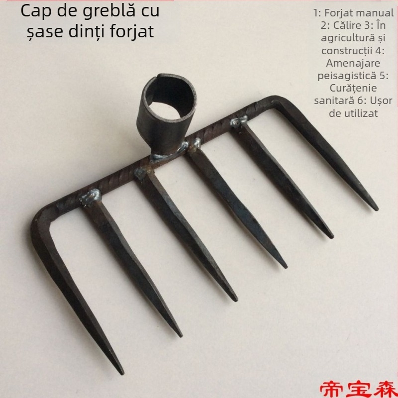 Cap de greblă forjat manual cu patru dinți, din fier, pentru grădină și fermă