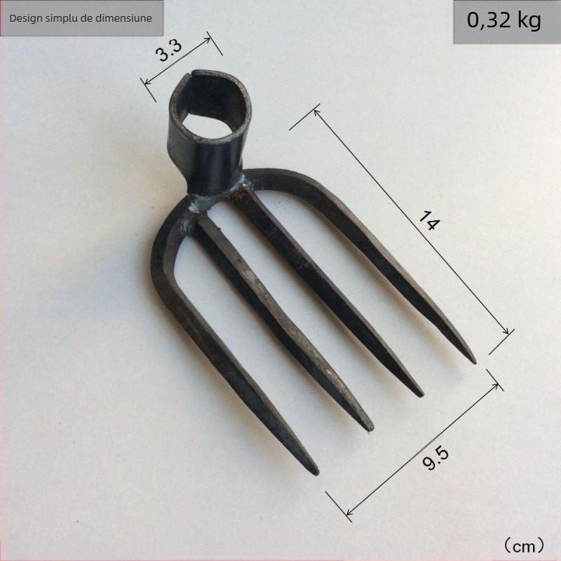 Cap de greblă forjat manual cu patru dinți, din fier, pentru grădină și fermă