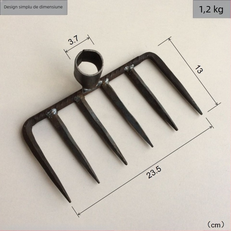 Cap de greblă forjat manual cu patru dinți, din fier, pentru grădină și fermă