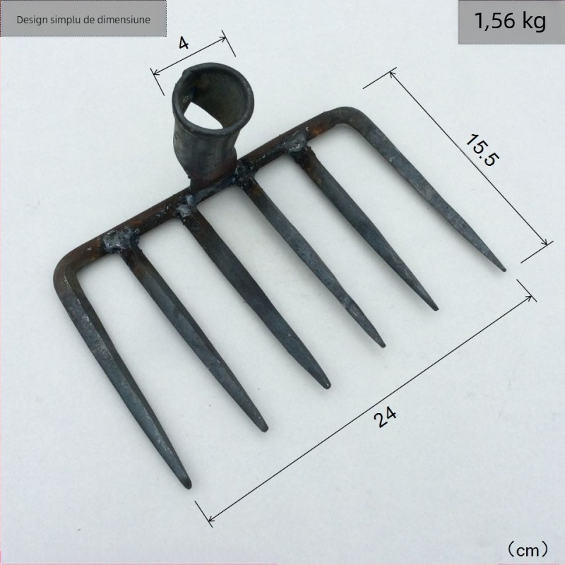 Cap de greblă forjat manual cu patru dinți, din fier, pentru grădină și fermă