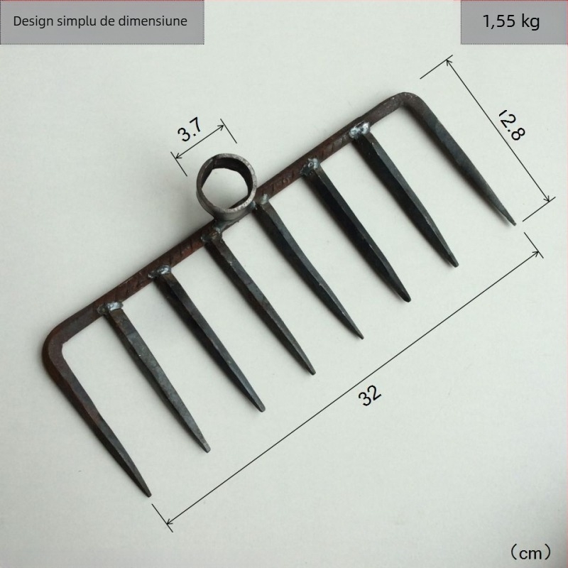 Cap de greblă forjat manual cu patru dinți, din fier, pentru grădină și fermă