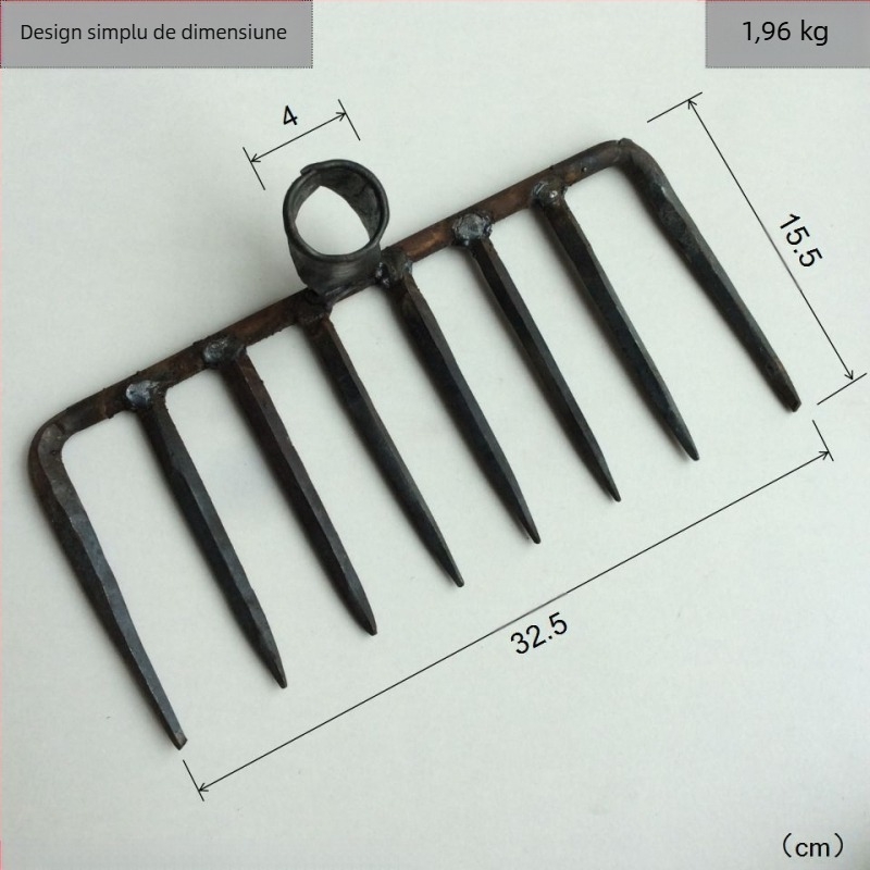 Cap de greblă forjat manual cu patru dinți, din fier, pentru grădină și fermă