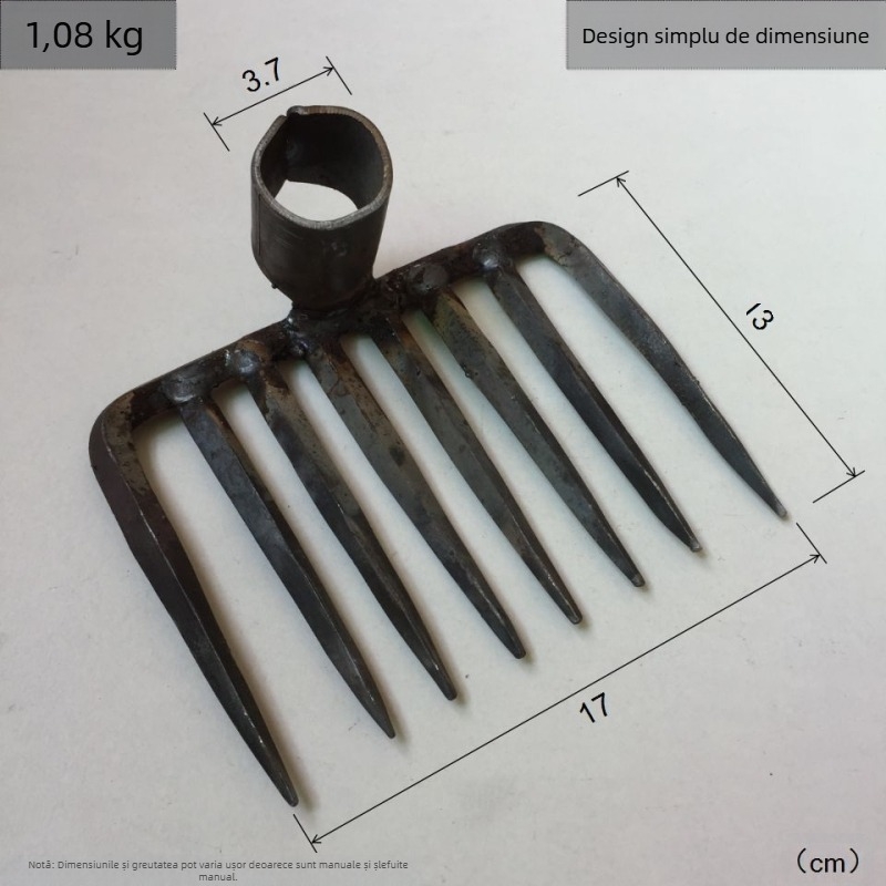 Cap de greblă forjat manual cu patru dinți, din fier, pentru grădină și fermă