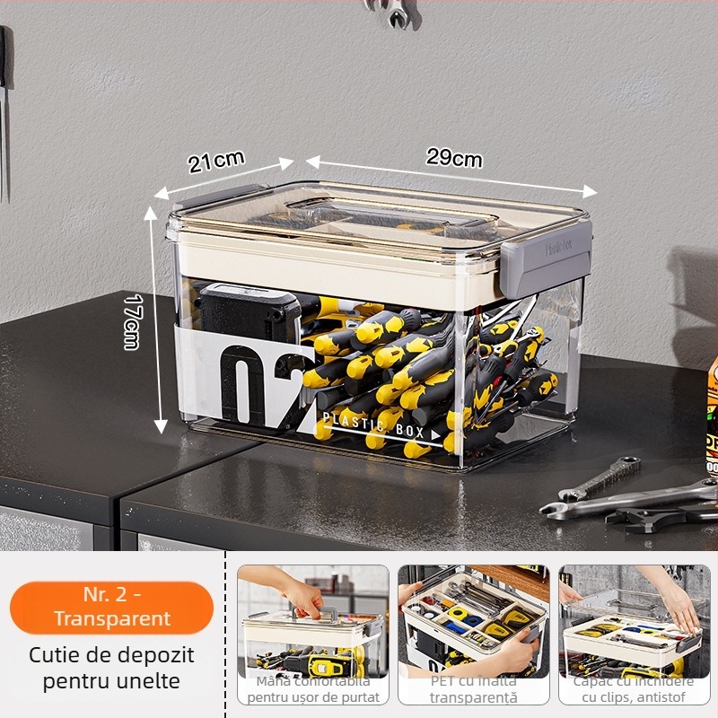 Cutie pentru unelte din PET, cu separatoare, cutie de depozitare transparentă cu două etaje, 35 L capacitate, model MM-8001