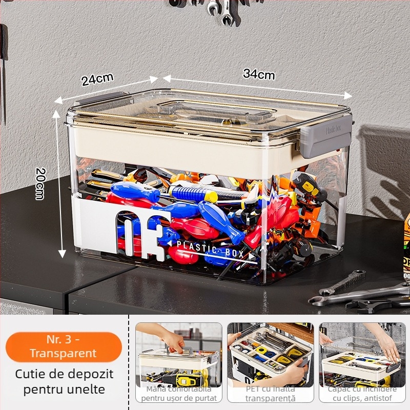 Cutie pentru unelte din PET, cu separatoare, cutie de depozitare transparentă cu două etaje, 35 L capacitate, model MM-8001