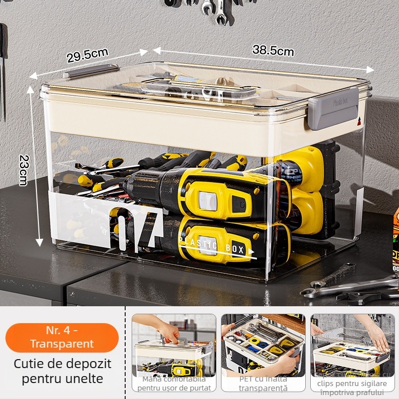Cutie pentru unelte din PET, cu separatoare, cutie de depozitare transparentă cu două etaje, 35 L capacitate, model MM-8001