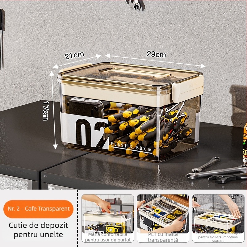 Cutie pentru unelte din PET, cu separatoare, cutie de depozitare transparentă cu două etaje, 35 L capacitate, model MM-8001