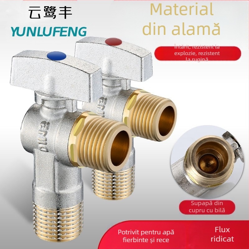 Robinet unghiular din alamă încastrabil, cu debit mare și ball-core, pentru apă caldă și rece; model YLF1325; presiune de lucru 0,8 MPa; diametru interior 20 mm; montaj în perete; potrivit pentru toaletă, boiler și încălzitor de perete