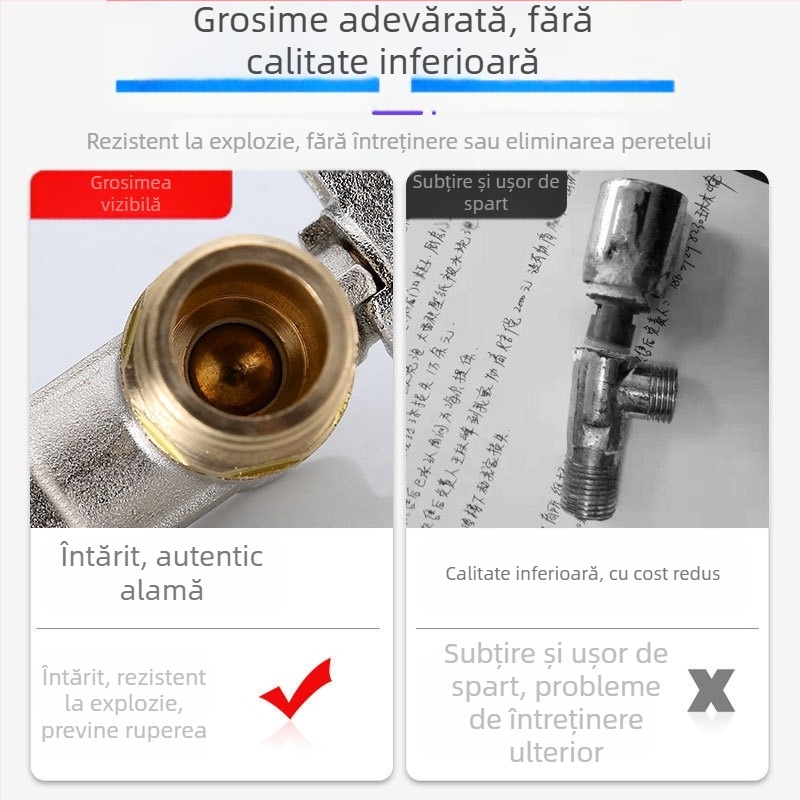 Robinet unghiular din alamă încastrabil, cu debit mare și ball-core, pentru apă caldă și rece; model YLF1325; presiune de lucru 0,8 MPa; diametru interior 20 mm; montaj în perete; potrivit pentru toaletă, boiler și încălzitor de perete