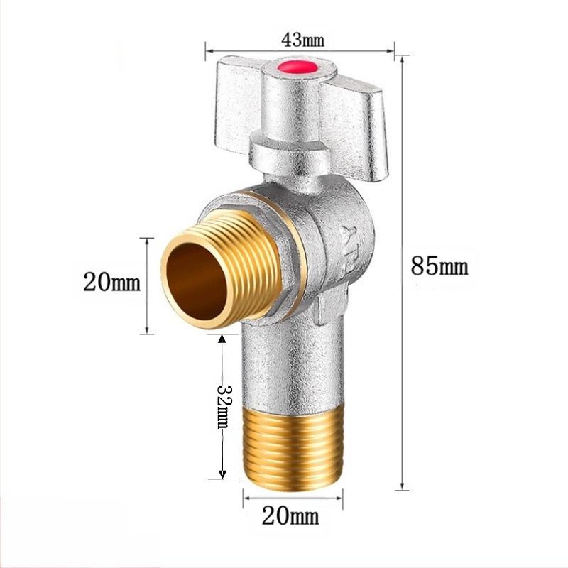 Robinet unghiular din alamă încastrabil, cu debit mare și ball-core, pentru apă caldă și rece; model YLF1325; presiune de lucru 0,8 MPa; diametru interior 20 mm; montaj în perete; potrivit pentru toaletă, boiler și încălzitor de perete