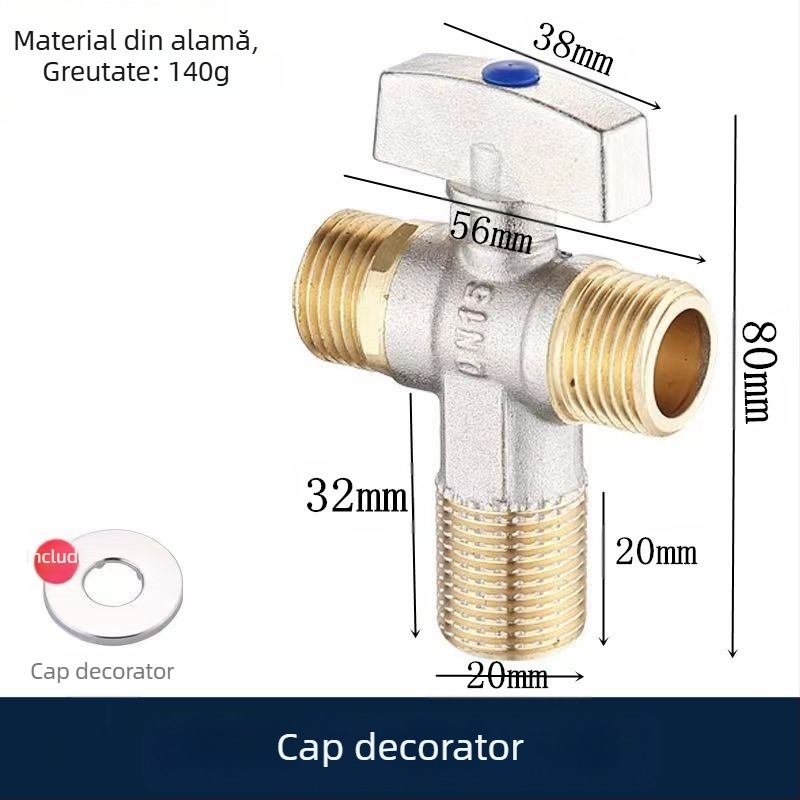 Robinet unghiular din alamă încastrabil, cu debit mare și ball-core, pentru apă caldă și rece; model YLF1325; presiune de lucru 0,8 MPa; diametru interior 20 mm; montaj în perete; potrivit pentru toaletă, boiler și încălzitor de perete