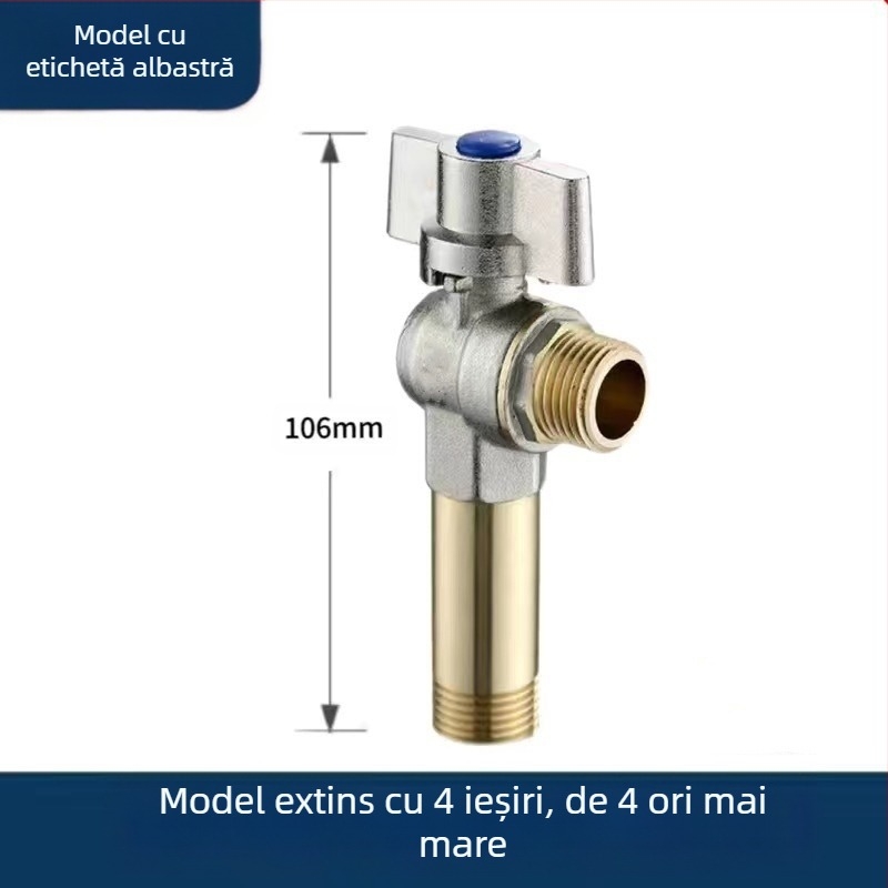 Robinet unghiular din alamă încastrabil, cu debit mare și ball-core, pentru apă caldă și rece; model YLF1325; presiune de lucru 0,8 MPa; diametru interior 20 mm; montaj în perete; potrivit pentru toaletă, boiler și încălzitor de perete