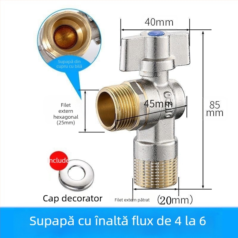 Robinet unghiular din alamă încastrabil, cu debit mare și ball-core, pentru apă caldă și rece; model YLF1325; presiune de lucru 0,8 MPa; diametru interior 20 mm; montaj în perete; potrivit pentru toaletă, boiler și încălzitor de perete