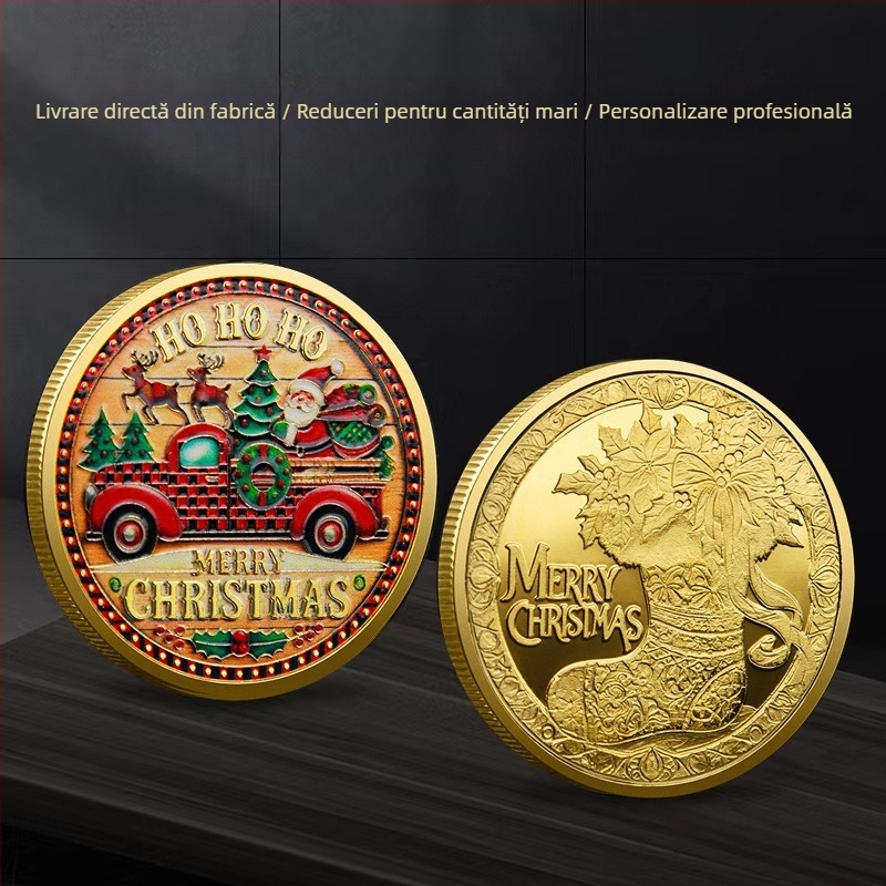 Monedă omagială cu Moș Crăciun, relief colorat, medalion de Crăciun, monede colorate aur și argint