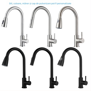 Robinet de bucătărie retractabil, din oțel inoxidabil, finisaj brushed, robinet cu disc ceramic, intrare de 20 mm