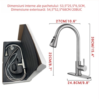 Robinet de bucătărie retractabil, din oțel inoxidabil, finisaj brushed, robinet cu disc ceramic, intrare de 20 mm