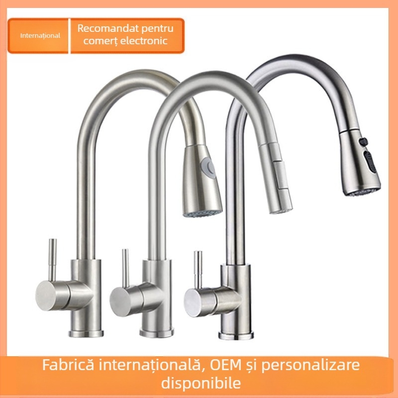 Robinet de bucătărie retractabil, din oțel inoxidabil, finisaj brushed, robinet cu disc ceramic, intrare de 20 mm