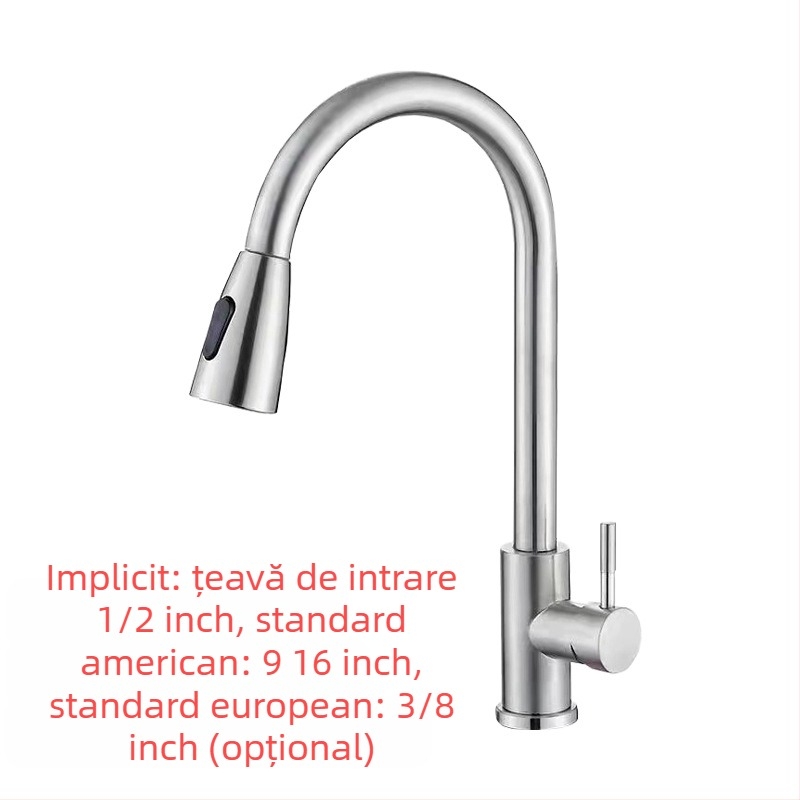 Robinet de bucătărie retractabil, din oțel inoxidabil, finisaj brushed, robinet cu disc ceramic, intrare de 20 mm