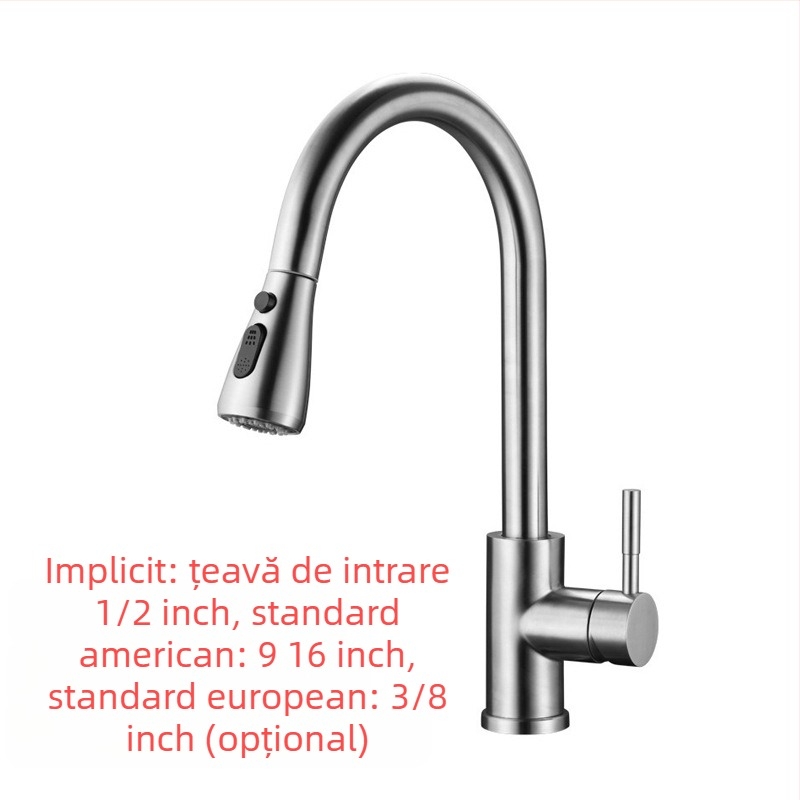Robinet de bucătărie retractabil, din oțel inoxidabil, finisaj brushed, robinet cu disc ceramic, intrare de 20 mm