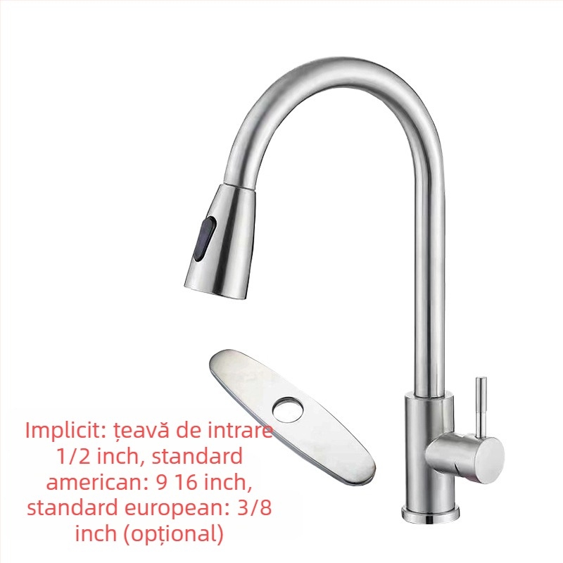 Robinet de bucătărie retractabil, din oțel inoxidabil, finisaj brushed, robinet cu disc ceramic, intrare de 20 mm