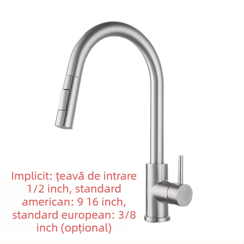 Robinet de bucătărie retractabil, din oțel inoxidabil, finisaj brushed, robinet cu disc ceramic, intrare de 20 mm
