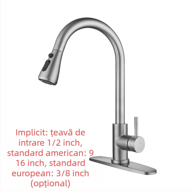 Robinet de bucătărie retractabil, din oțel inoxidabil, finisaj brushed, robinet cu disc ceramic, intrare de 20 mm