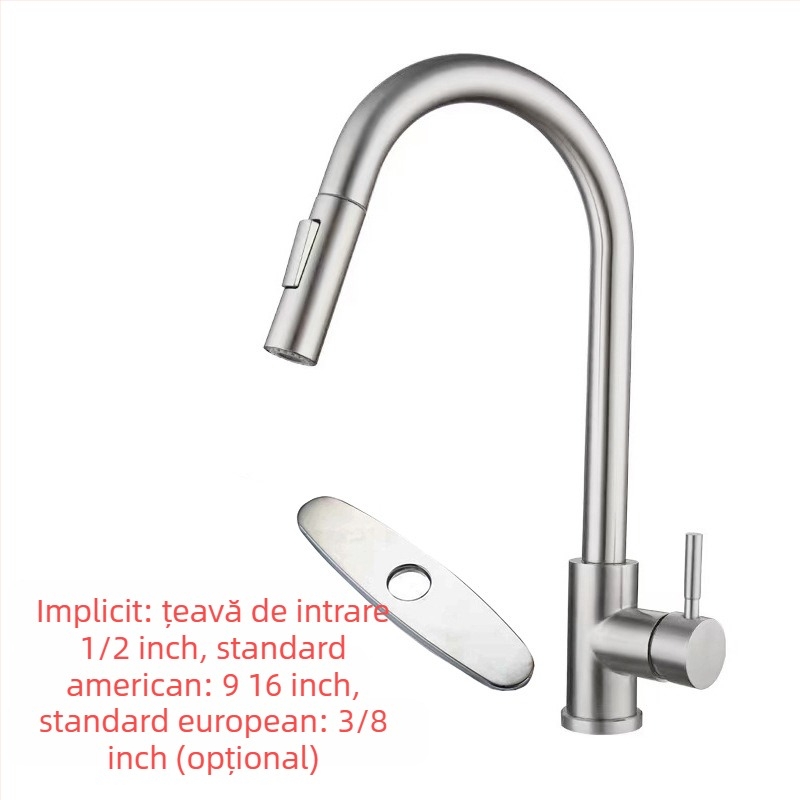 Robinet de bucătărie retractabil, din oțel inoxidabil, finisaj brushed, robinet cu disc ceramic, intrare de 20 mm